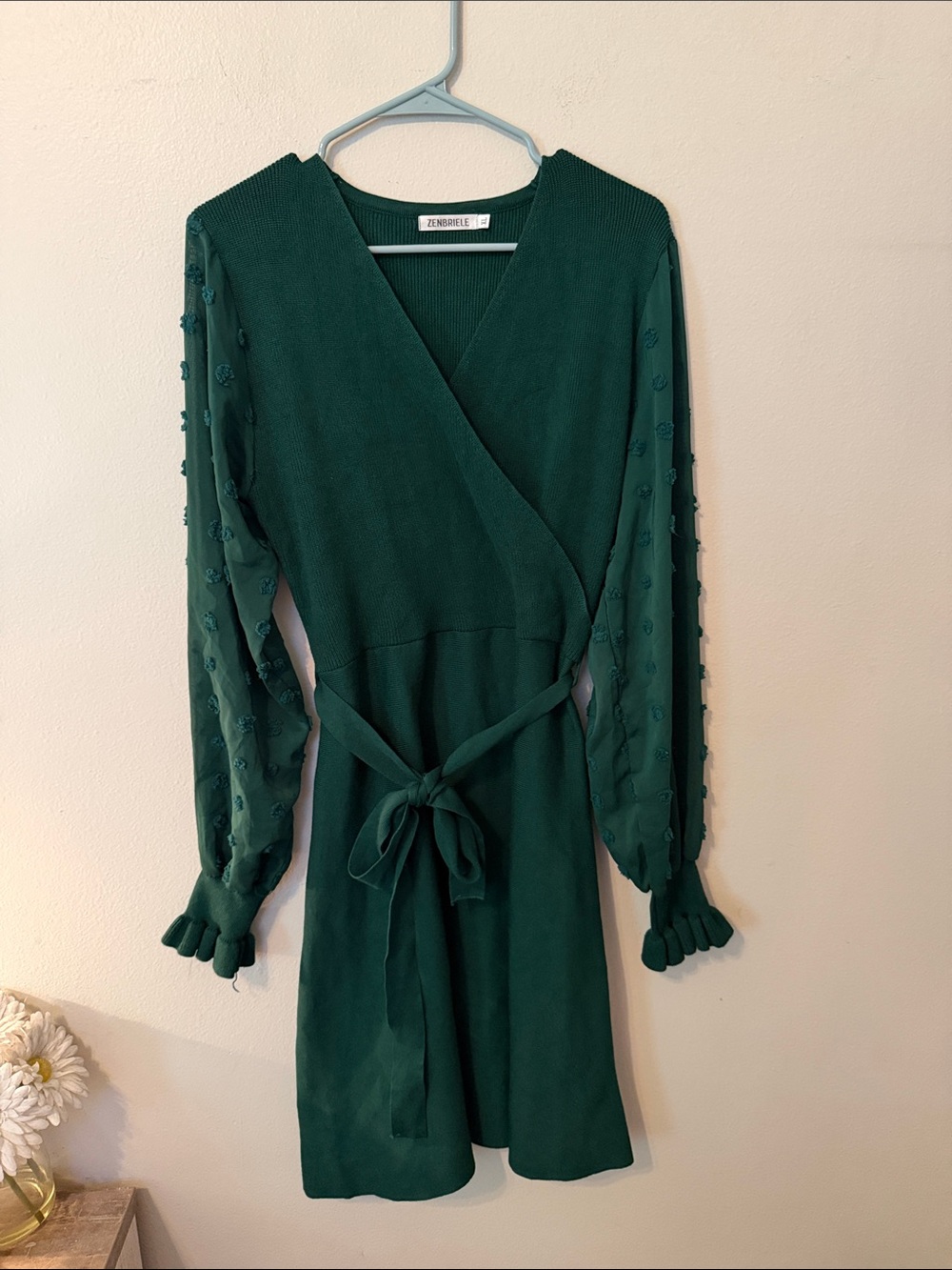 Zenbriele Dark Green Knit Wrap Dress with Polkadot Sheer Long Sleeves (XL)